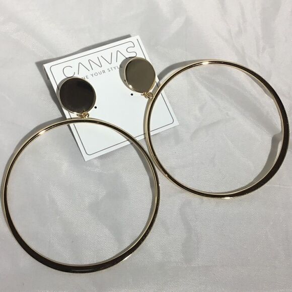 Canvas Large Gold Tone Post Hoop Earrings (G1) - Picture 3 of 7